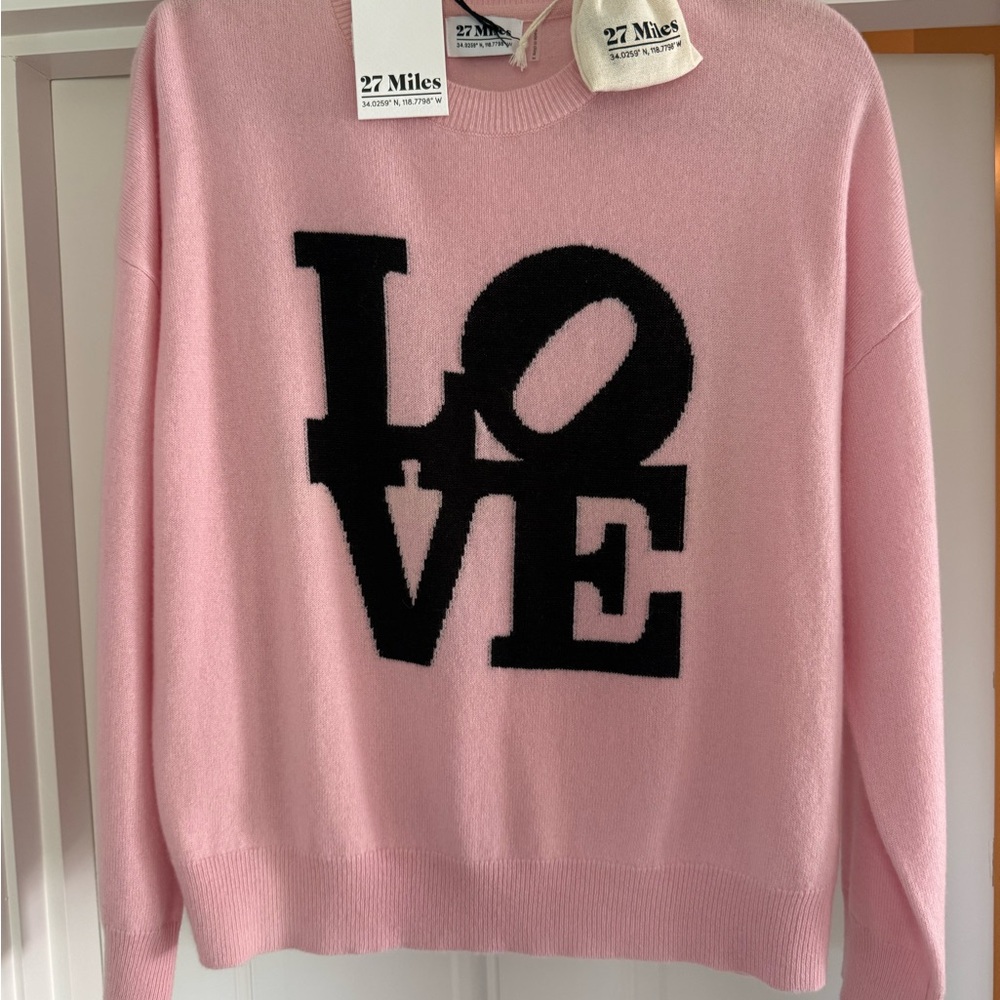 27 Miles Malibu Pink Crewneck Sweater Black LOVE Graphic 100% cashmere NWT NEW